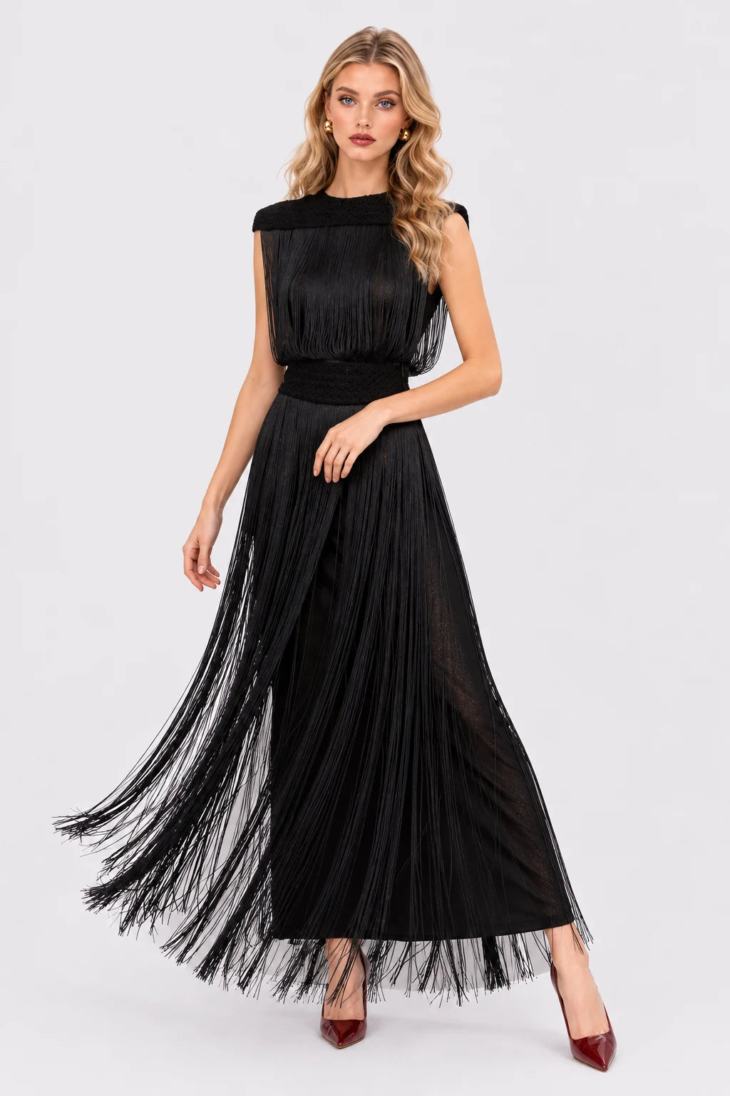 Women's Black Fringe Sleeveless Top and Maxi Skirt Two Piece Set [erp-image:9952d9fe69e3098bf3d8d2e7]
