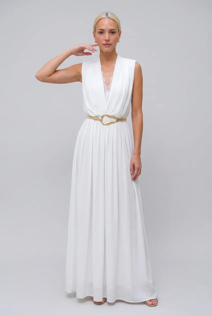 Sleeveless Deep V-Neck Lace Trim Pleated Maxi Dress in White [erp-image:cfe743aff851b32ec00cec95]