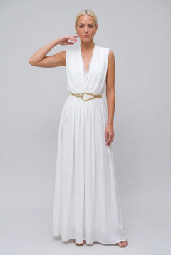 Sleeveless Deep V-Neck Lace Trim Pleated Maxi Dress in White [erp-image:cfe743aff851b32ec00cec95]