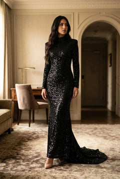 Black Sequin High Neck Long Sleeve Mermaid Maxi Evening Dress [erp-image:e690503dd3b63bc64364ec04]