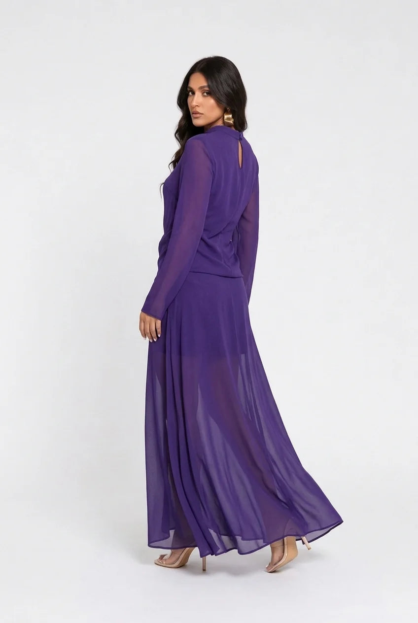 Purple High Neck Long Sleeve Sheer Chiffon Maxi Dress [erp-image:af4b9e14b59fa48189499f31]