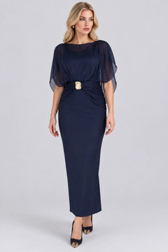 Shimmer Cape Sleeve Column Maxi Dress with Gold Buckle Accent [erp-image:2b4640d272bee0113493ec2d]