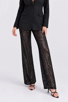 Women's Black Single Breasted Blazer and Sequin Wide Leg Pants Two Piece Set [erp-image:decc29778b889c354b5beb18]