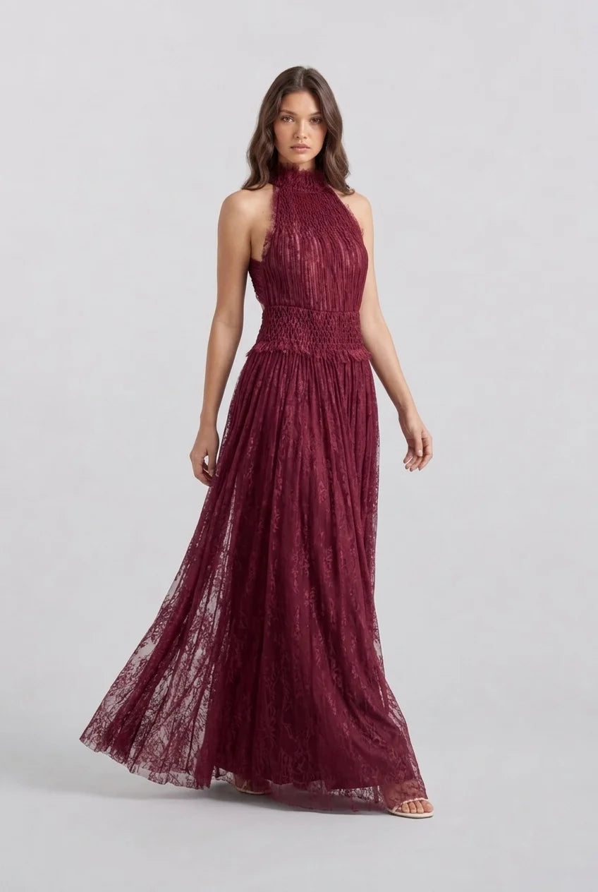 Burgundy Halter High Neck Pleated Mesh Sleeveless Maxi Evening Dress [erp-image:957f0af3a282e0135539769d]