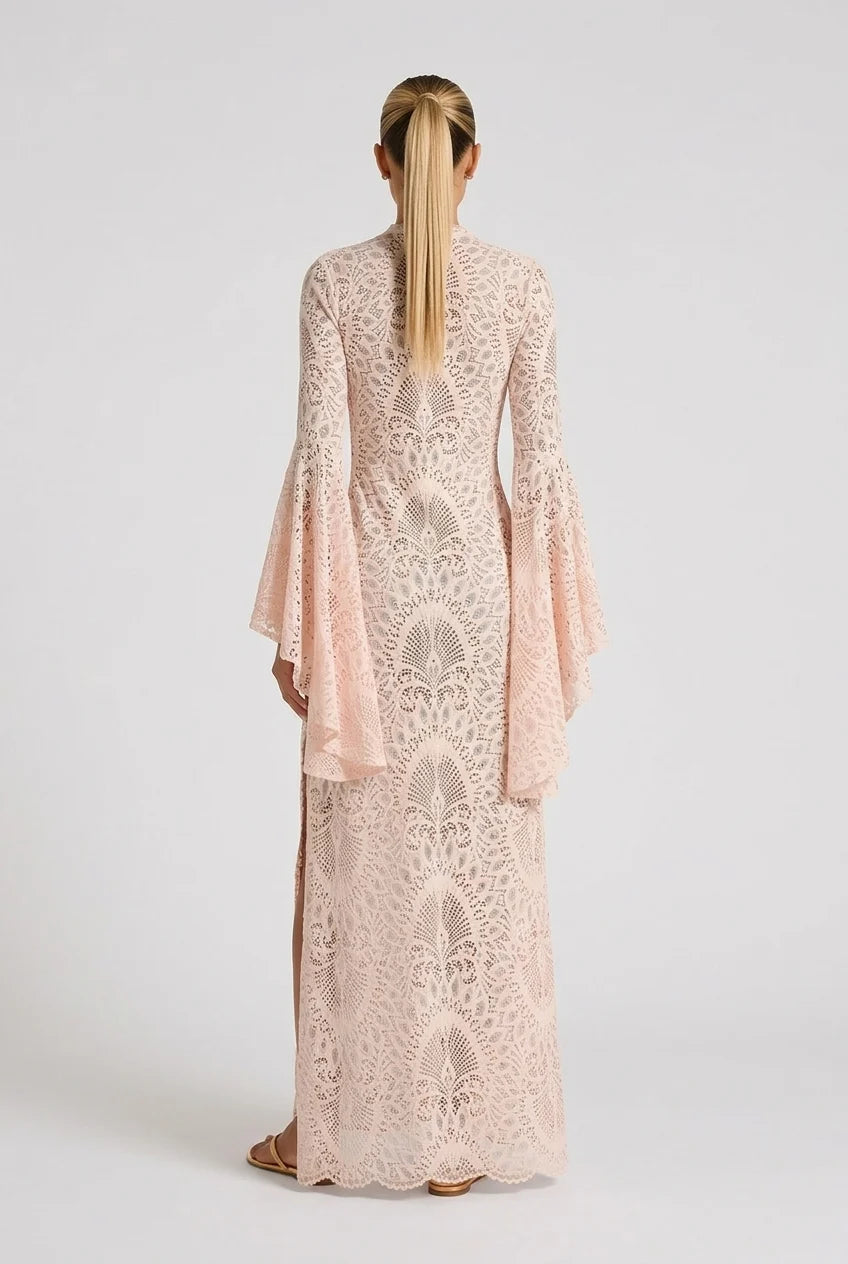 Women's V-Neck Bell Sleeve Scalloped Lace Floor Length Maxi Dress in Blush Pink [erp-image:6343f6f9ee04d897875bc37f]