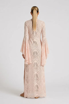 Women's V-Neck Bell Sleeve Scalloped Lace Floor Length Maxi Dress in Blush Pink [erp-image:6343f6f9ee04d897875bc37f]