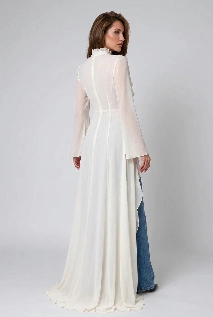 Ivory Ruffle Trim High Neck Sheer Chiffon Maxi Blouse Duster Top [erp-image:f4cdf963a1d142c1249e1770]