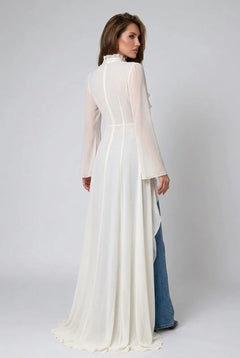 Ivory Ruffle Trim High Neck Sheer Chiffon Maxi Blouse Duster Top [erp-image:f4cdf963a1d142c1249e1770]