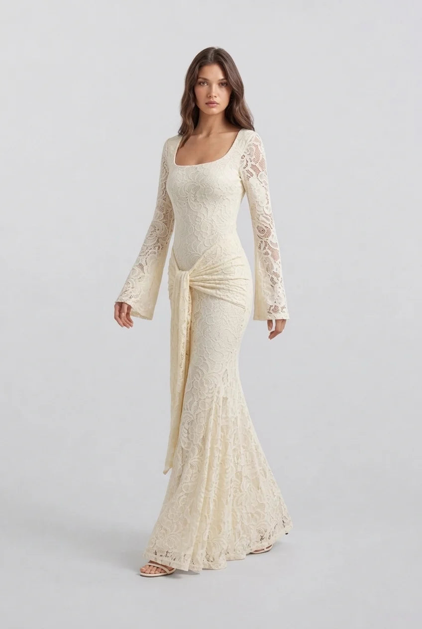 Butter Yellow Floral Lace Long Sleeve Maxi Dress with Draped Waist Sash [erp-image:6e787ddc8eb7723f7beca1cd]