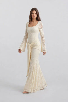 Butter Yellow Floral Lace Long Sleeve Maxi Dress with Draped Waist Sash [erp-image:6e787ddc8eb7723f7beca1cd]