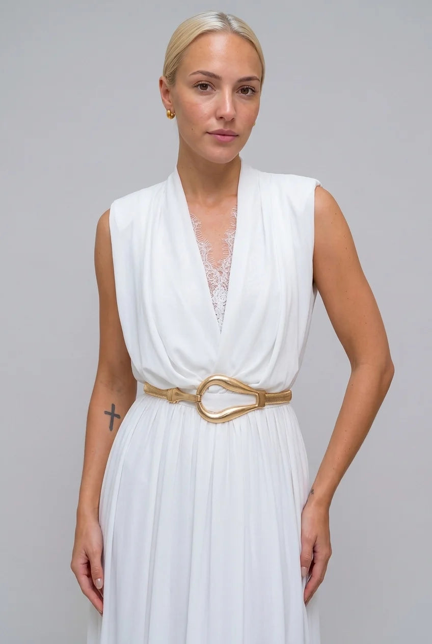 Sleeveless Deep V-Neck Lace Trim Pleated Maxi Dress in White [erp-image:5a750df10dfefedafdb2f98c]