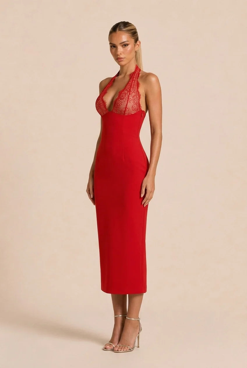 Red Lace Halter Plunge Neck Sleeveless Bodycon Midi Dress [erp-image:1eb292a2b8ec7b51b3563264]