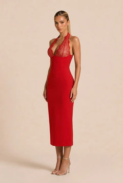 Red Lace Halter Plunge Neck Sleeveless Bodycon Midi Dress [erp-image:1eb292a2b8ec7b51b3563264]