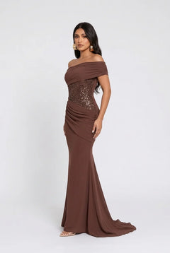 Brown One Shoulder Sequin Corset Draped Mermaid Maxi Evening Gown [erp-image:de3319f7670dbbb09cab8735]
