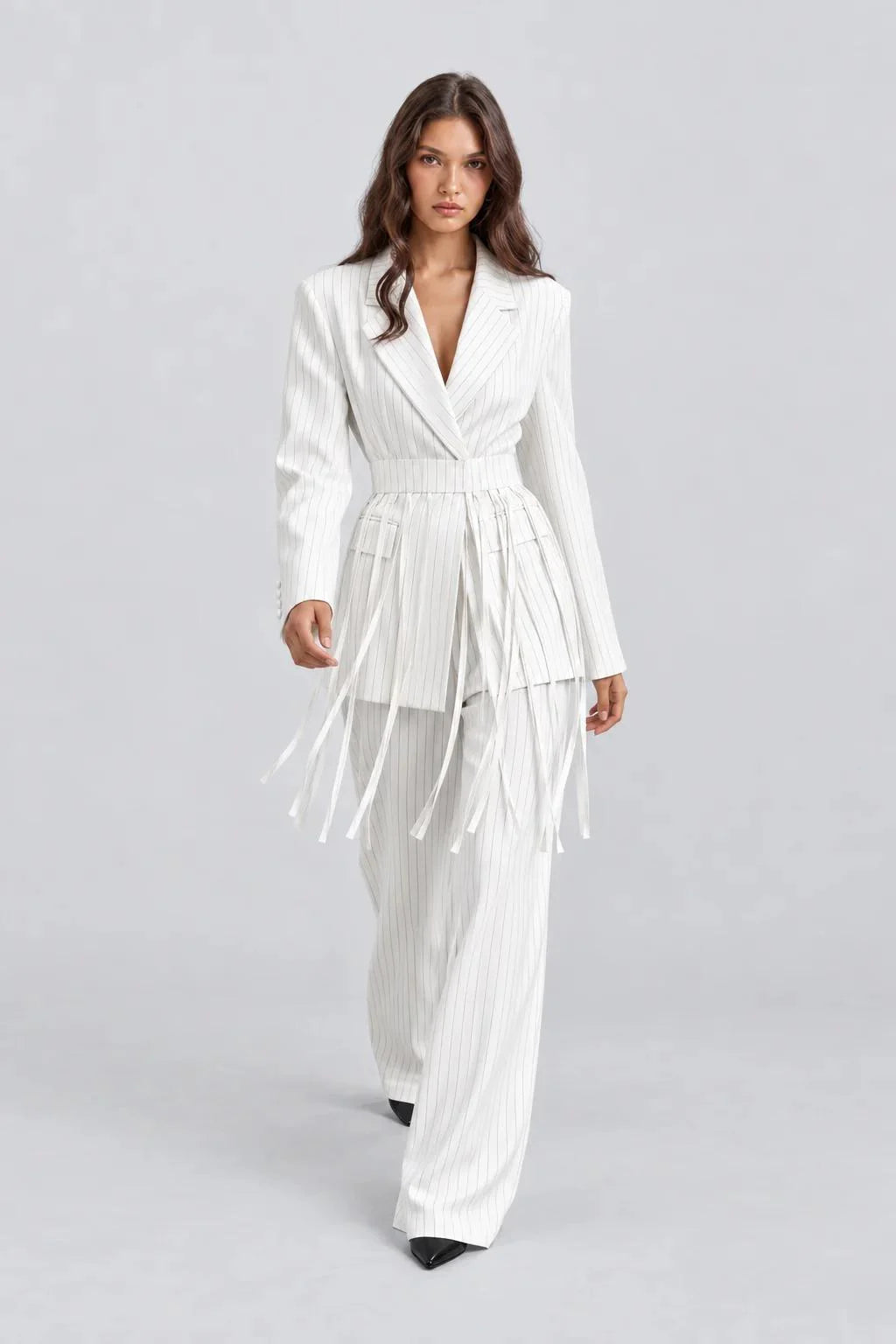 White Pinstripe Fringe Blazer and Wide Leg Pants Two Piece Set [erp-image:5787f12aa424b8503d05223b]