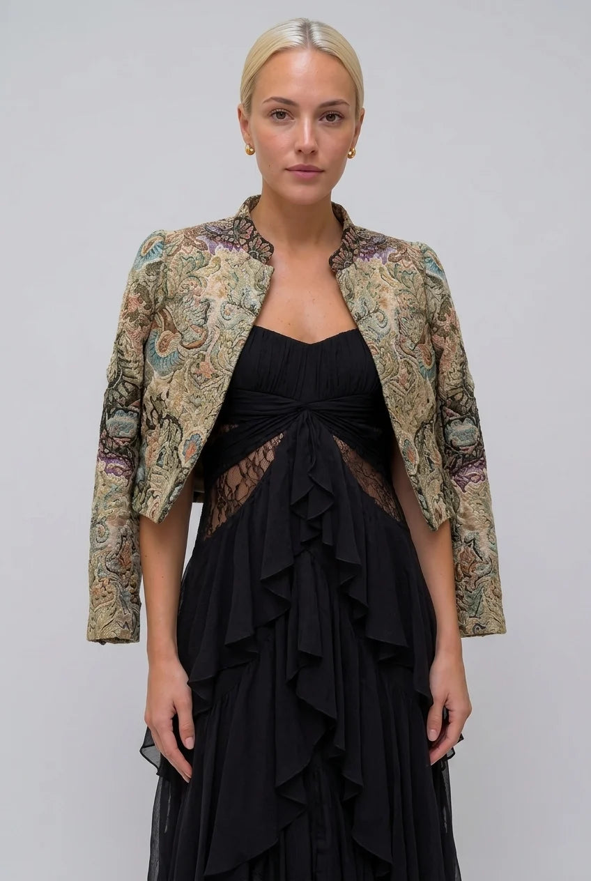 Vintage Brocade Cropped Jacket and Ruffle Maxi Dress Two Piece Set [erp-image:e5daad800b4d3a4549cd1583]