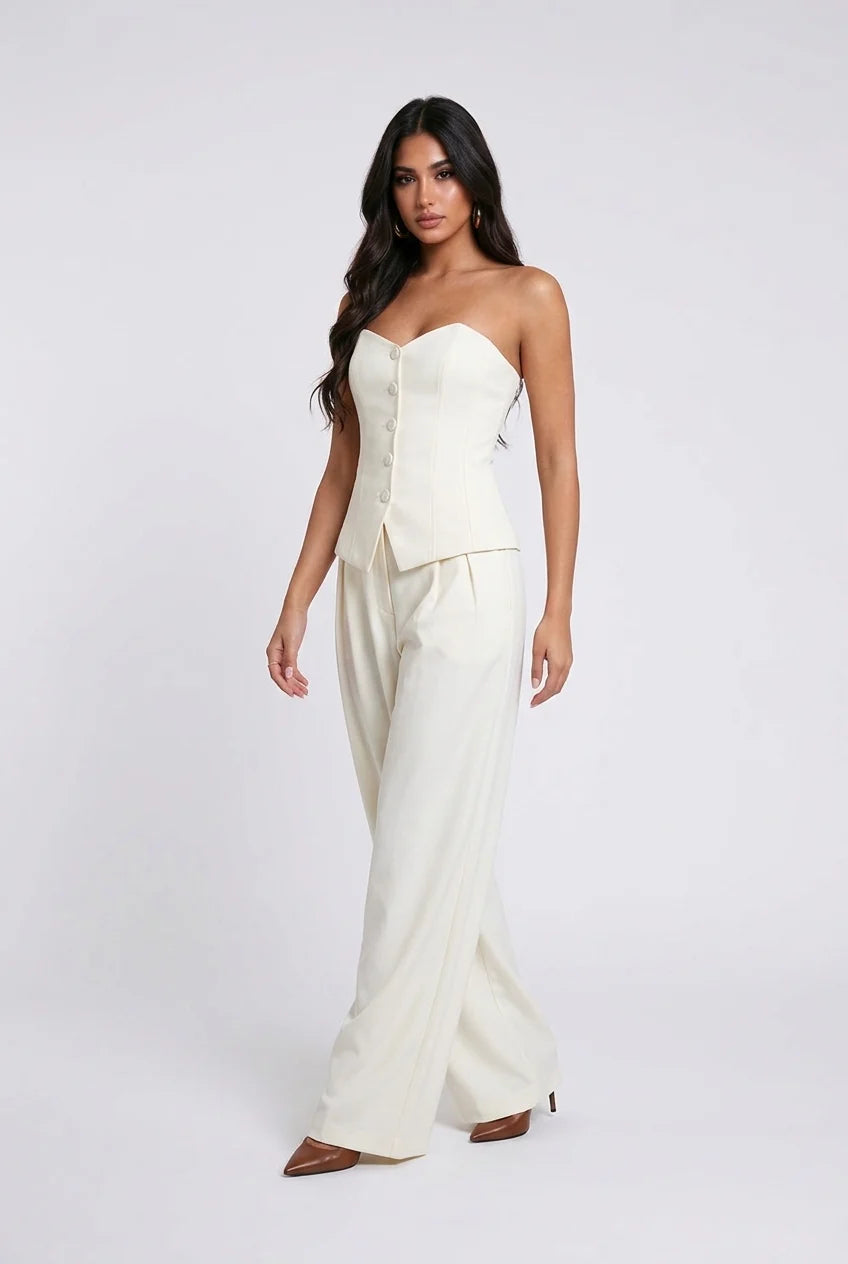 White Strapless Button Front Vest and Pleated Wide Leg Pants Two Piece Set [erp-image:c19bbc692592e59830a5b76d]