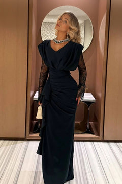 Lace-sleeve Spliced Pleated Maxi Dress