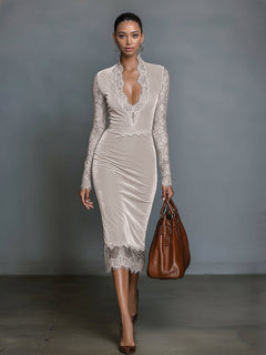 Elegant Velvet Fitted V-Neck Lace Midi Dress