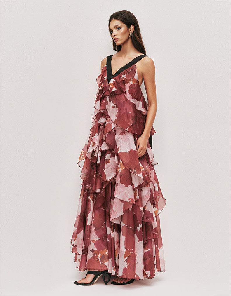 Exquisite Layered Floral Print Ruffled Maxi Dress