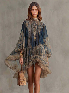 Elegant Vintage Print High Neck Flowy Mini Dress