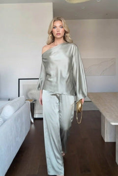 Off-Shoulder Asymmetric Shirt And Wide Leg Pants Set