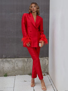 Elegant Satin Feather-embellished Double-breasted Blazer