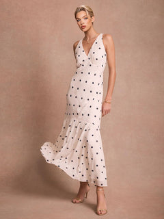 Elegant Polka Dot Ruffle Layered Chiffon Cape Maxi Dress