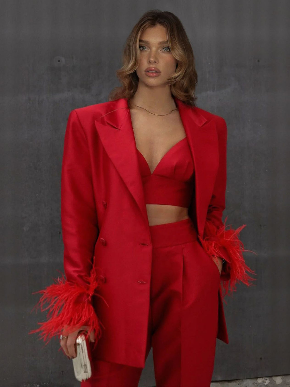 Elegant Satin Feather-embellished Double-breasted Blazer