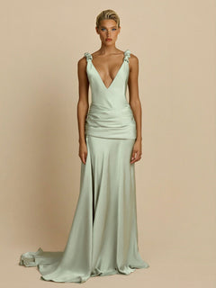 Elegant Satin Deep V-Neck Ruched Flowing Maxi Dress