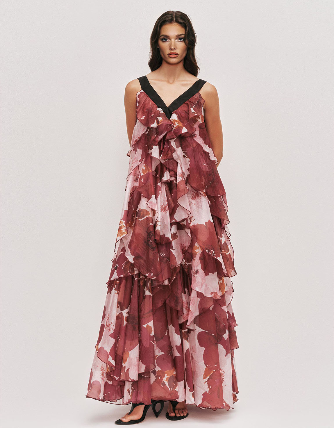 Exquisite Layered Floral Print Ruffled Maxi Dress