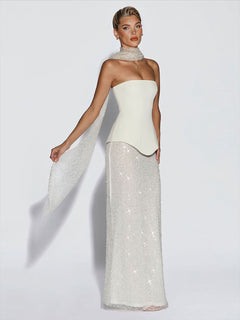 Elegant Strapless Sequin Skirt And Shawl Two-Piece Set