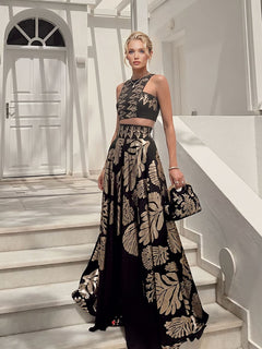 Bohemian Leaf Print Crop Top & Maxi Skirt Two-Piece Set