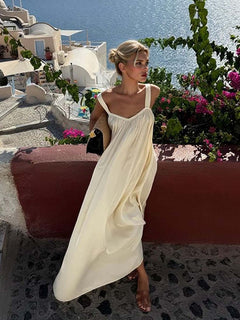 Elegant Satin Square Neckline Flowing Pleated Halter Dress