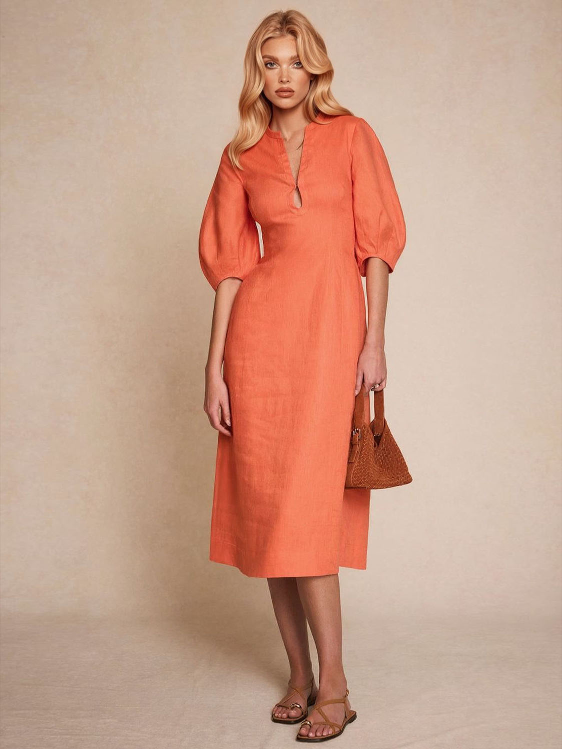Exquisite Puff Sleeve A-Line Midi Dress