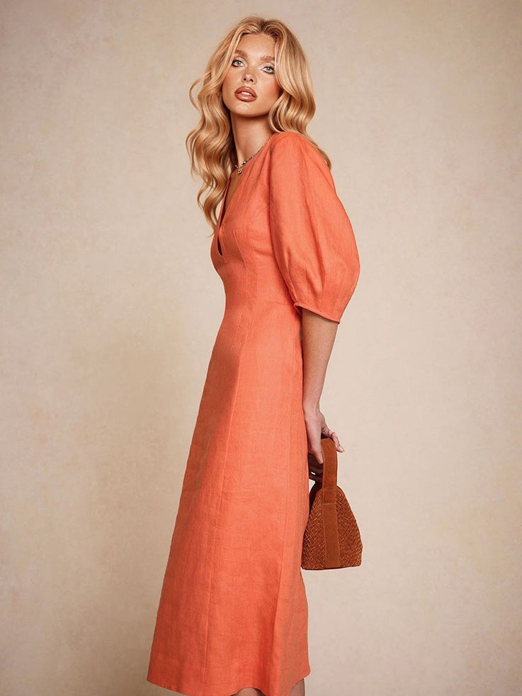 Exquisite Puff Sleeve A-Line Midi Dress