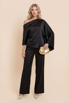 Off-Shoulder Asymmetric Shirt And Wide Leg Pants Set