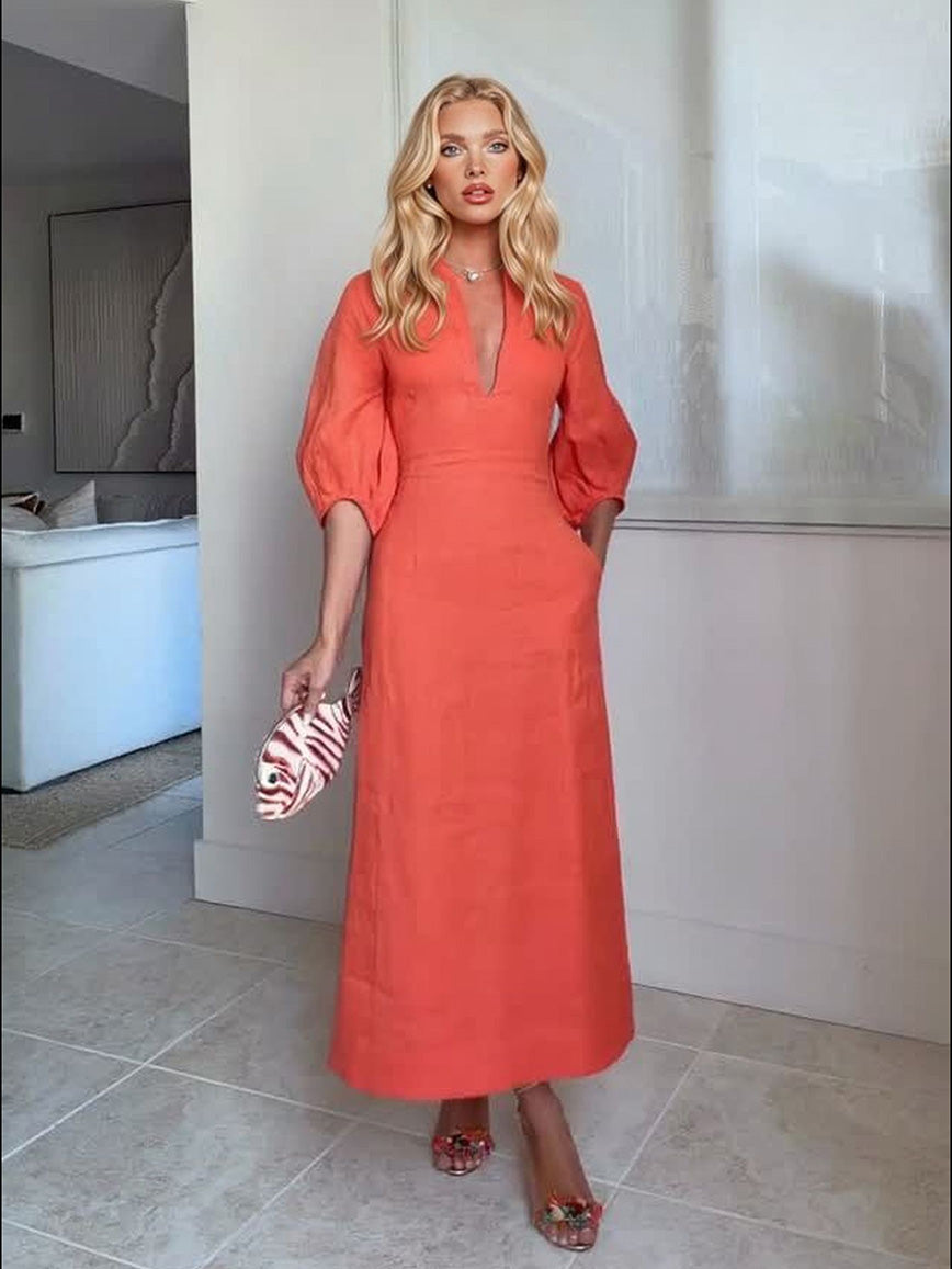 Exquisite Puff Sleeve A-Line Midi Dress