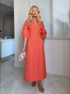 Exquisite Puff Sleeve A-Line Midi Dress