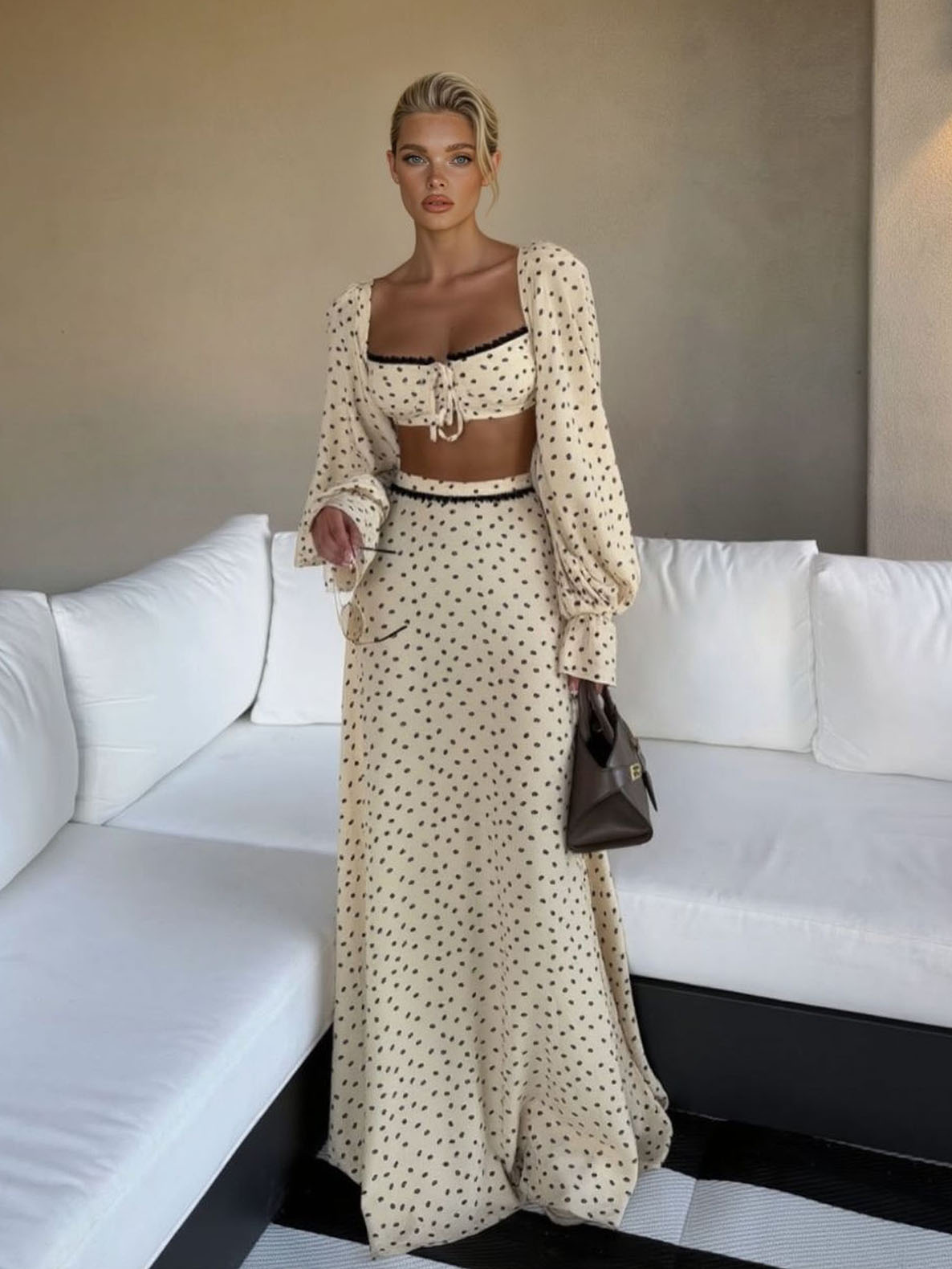 Elegant Polka Dot Crop Top & Maxi Skirt Set