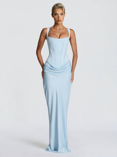 Elegant Square Neck Cinched Top & Ruched Waist Draped Maxi Dress