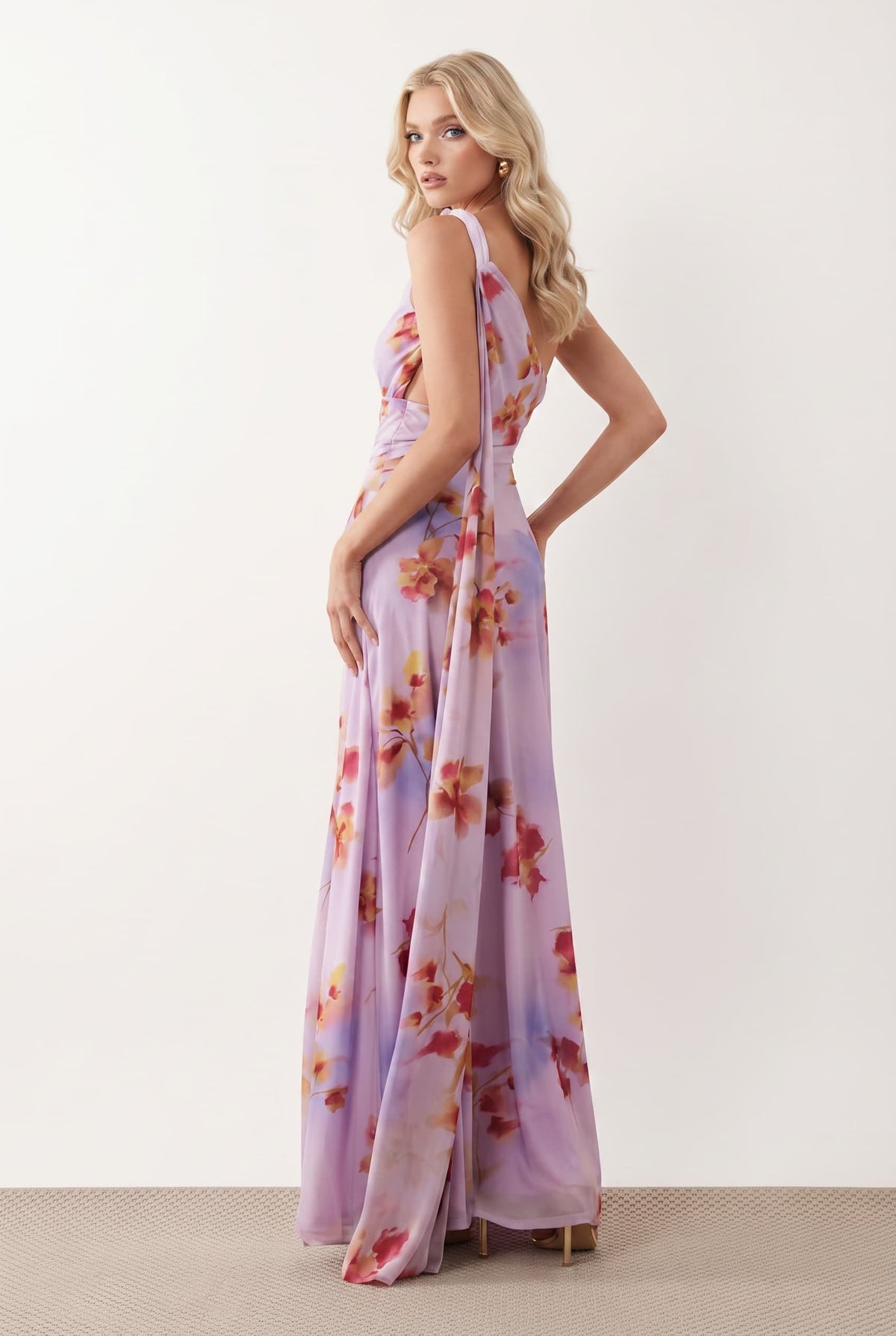 Slant-Shoulder Lace-Up Printed Maxi Dress