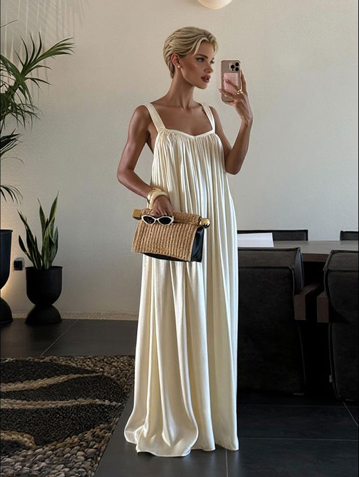 Elegant Satin Square Neckline Flowing Pleated Halter Dress