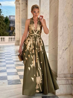 Elegant Gold Foil Print Cutout Waist Maxi Dress