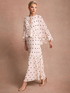 Elegant Polka Dot Ruffle Layered Chiffon Cape Maxi Dress