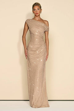 Off-Shoulder Shiny Pleated Maxi Dress