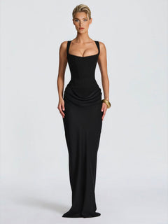 Elegant Square Neck Cinched Top & Ruched Waist Draped Maxi Dress