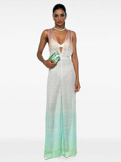 Elegant Gradient Crochet Deep V Wide-Leg Jumpsuit