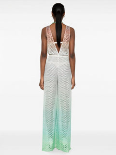 Elegant Gradient Crochet Deep V Wide-Leg Jumpsuit
