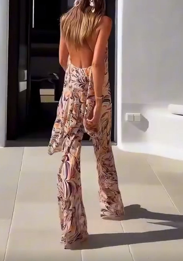 Halter Floral Print 2‑Piece Outfit, Sleeveless Top & Flare Pants Set for Women